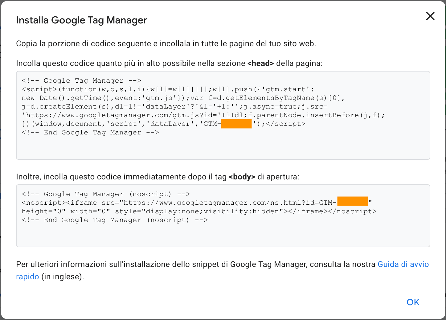 Codice di monitoraggio per Google Tag Manager
