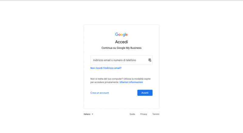 Effettuare l'accesso su Google per creare la propria scheda profilo attività su Google My Business