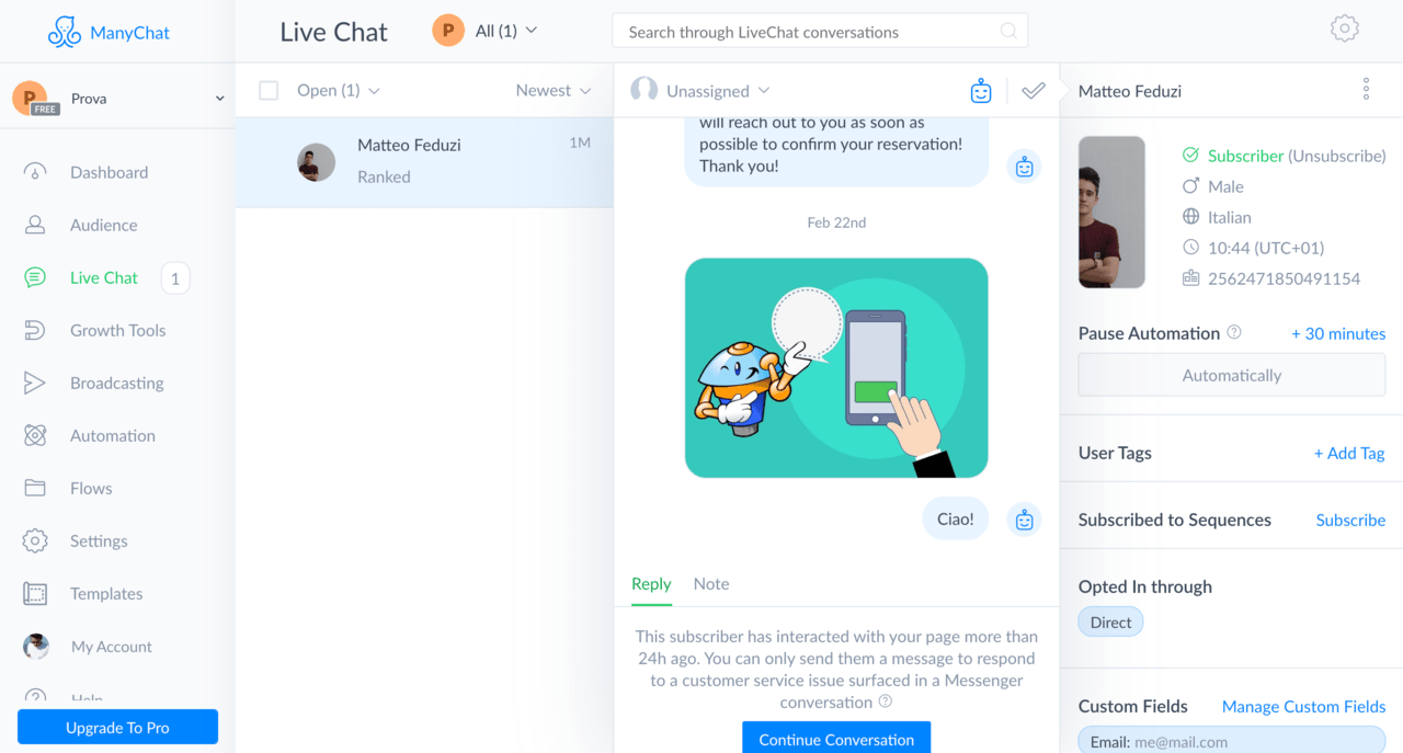 Live chat di ManyChat