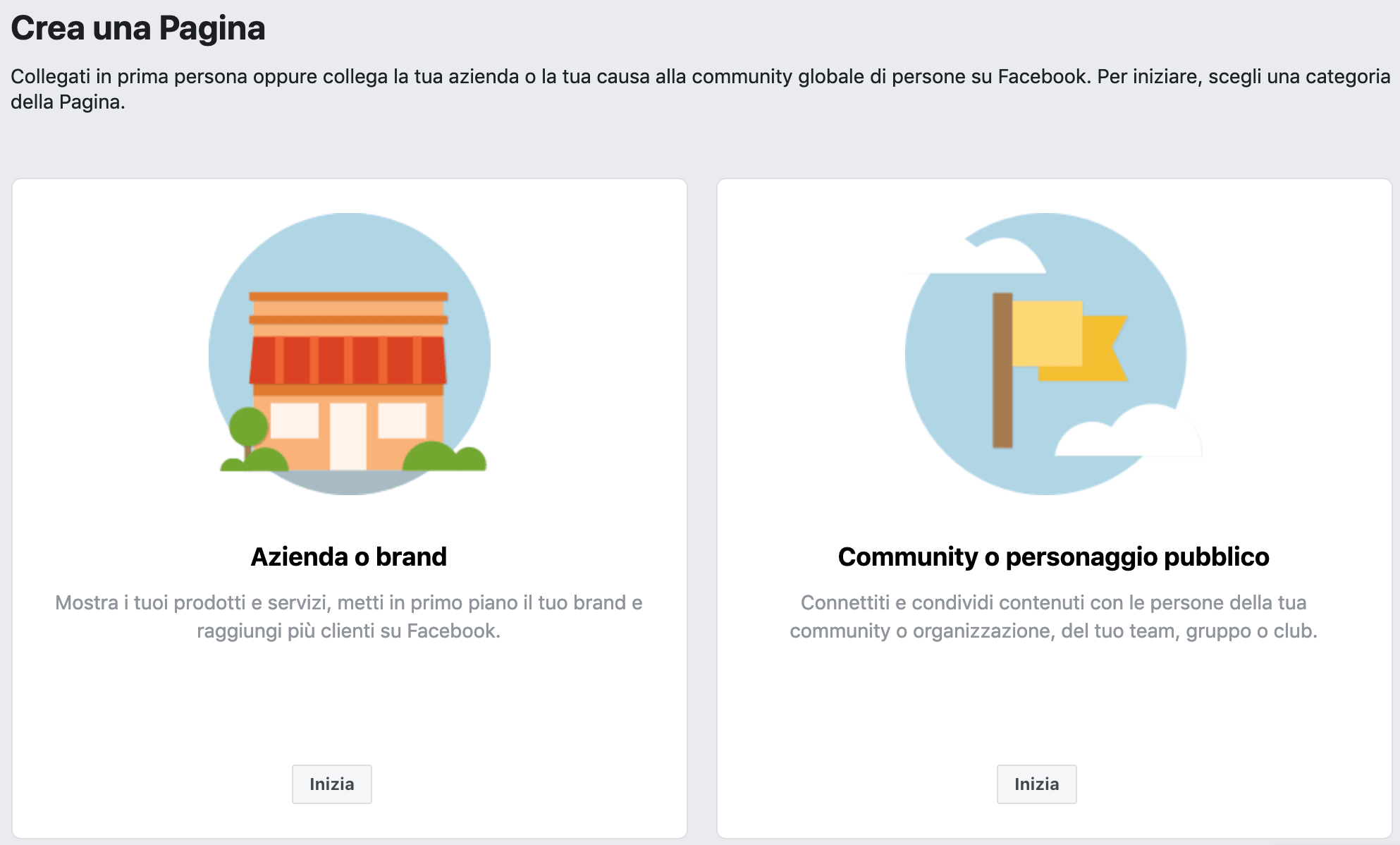 Scegliere tipologia della pagina Facebook